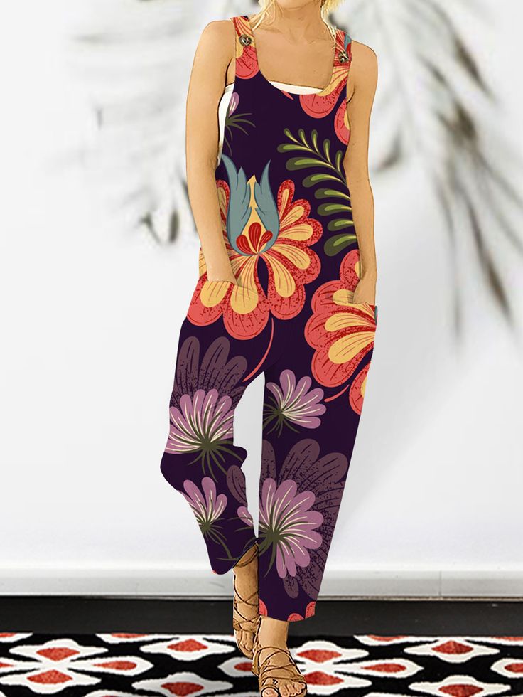 Art Purple Vintage Printed Shoulder Strap Patchwork Pocket Jumpsuit