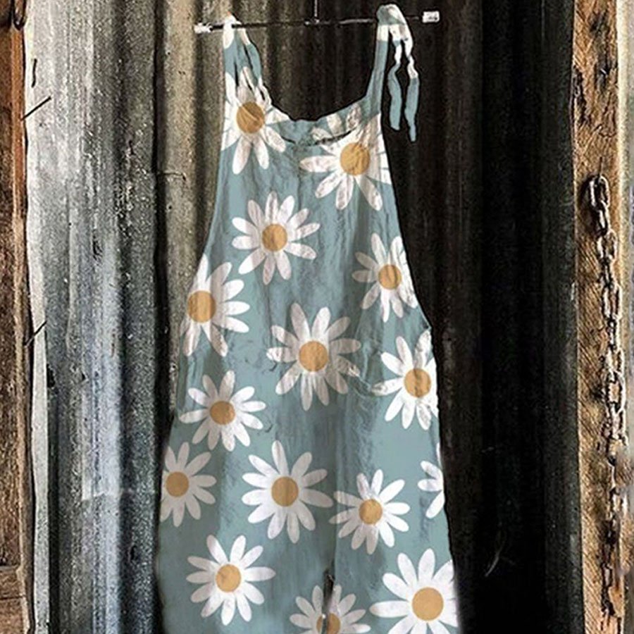 Ladies Casual Daisy Print Cotton Linen Jumpsuit