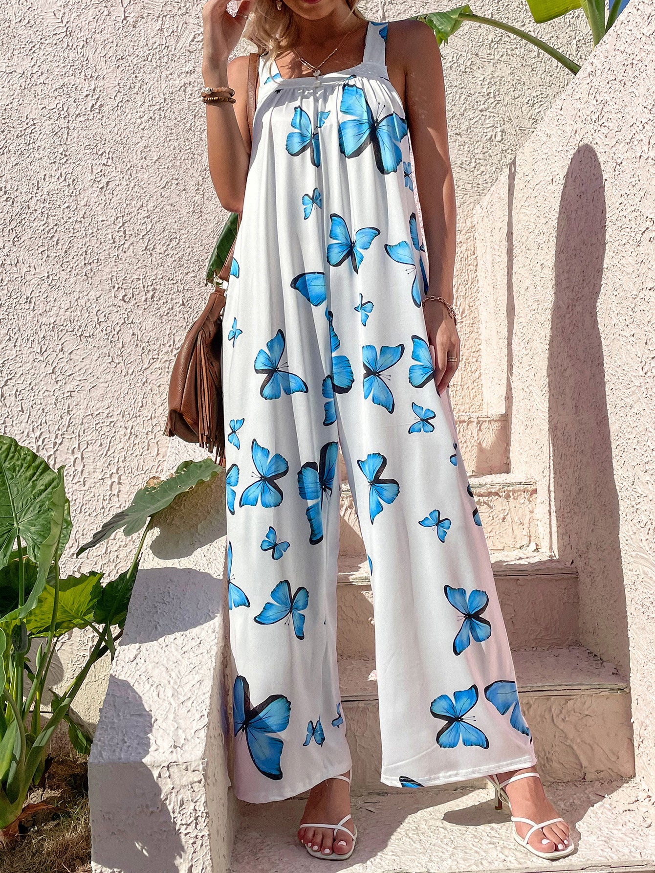 Butterfly print casual suspenders wide legged jumpsuit