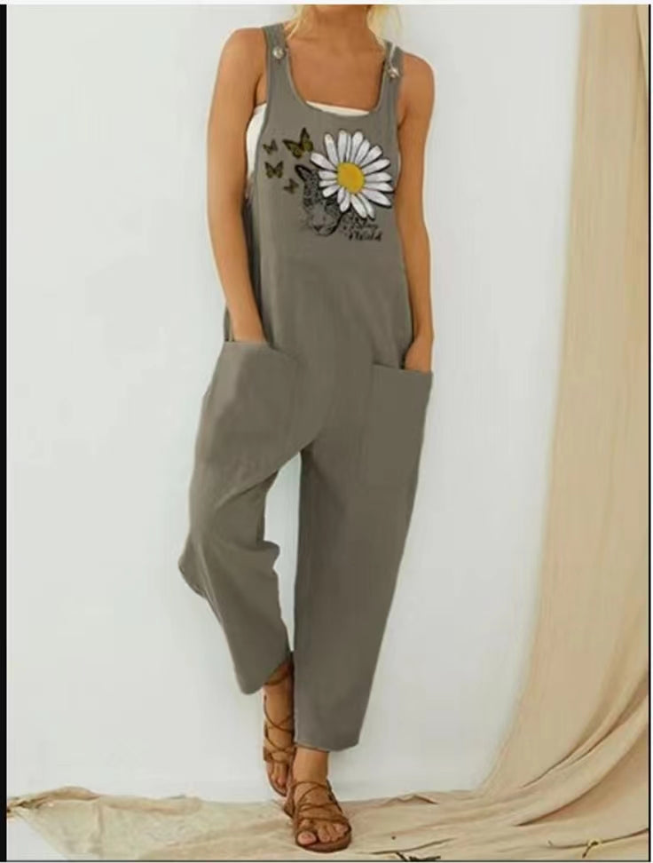 Art dark curry vintage printed shoulder straps with pockets jumpsuit