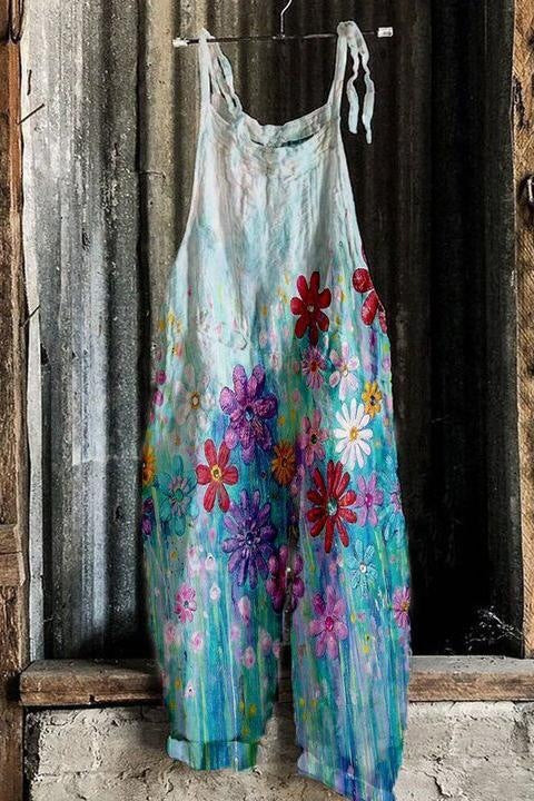 Color Flowers Sleeveless Casual Jumpsuit