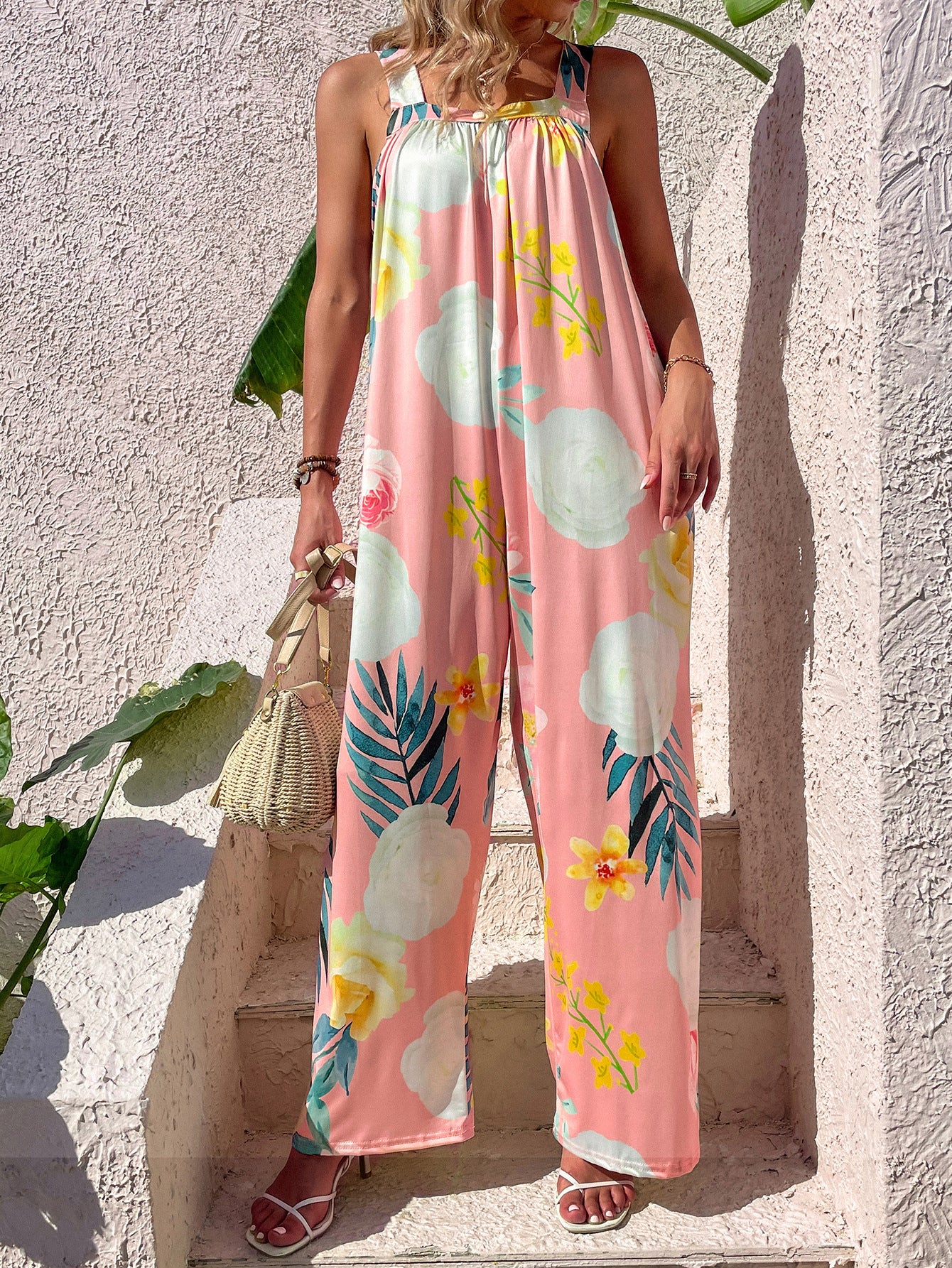 Pink drop leaf print casual halter wide leg jumpsuit