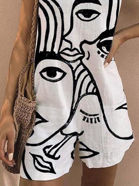 Loose Printed Sleeveless Belted Jumpsuit