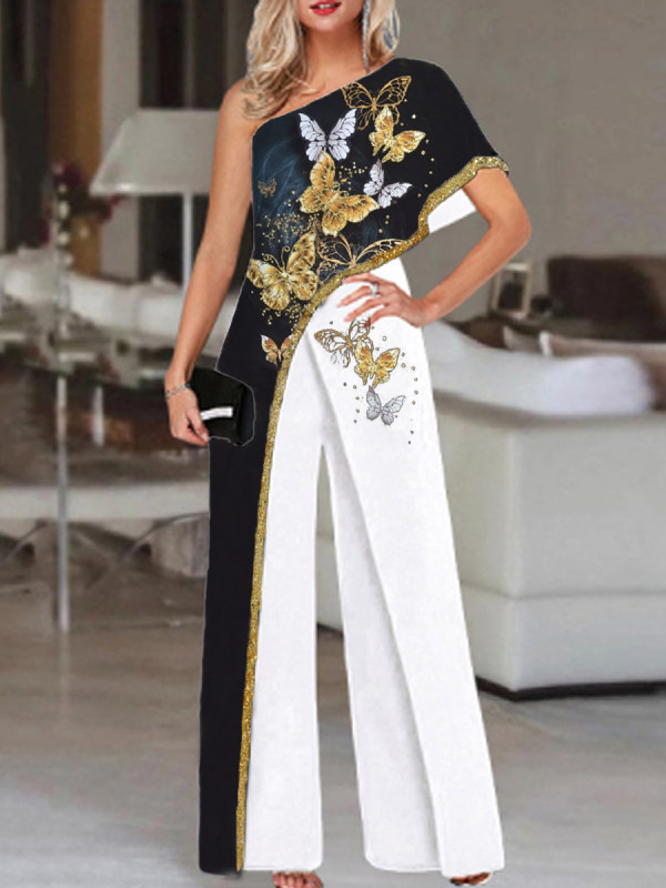 Fashion Butterfly Print One Shoulder Jumpsuit Women