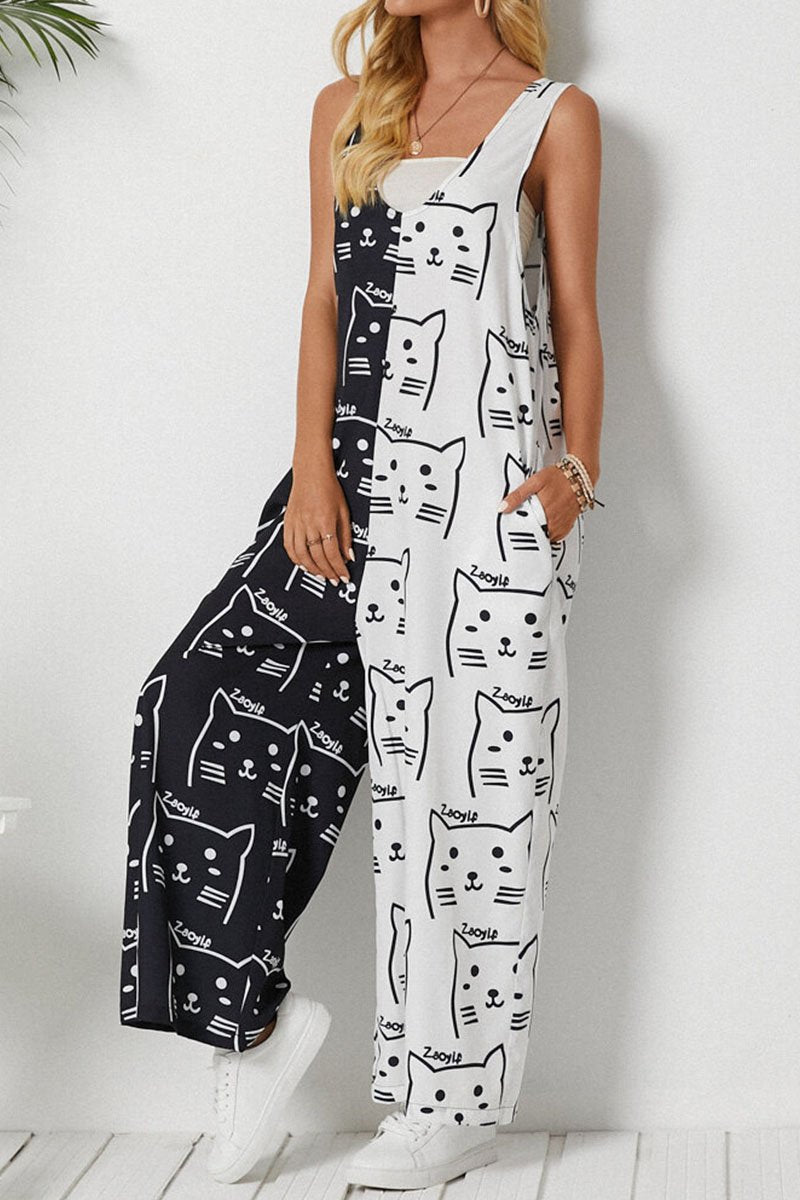 Fashion Casual Print Split Joint V Neck Loose Jumpsuits