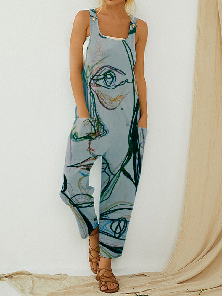 Art Illustration Vintage Print Straps Jumpsuit With Pocket