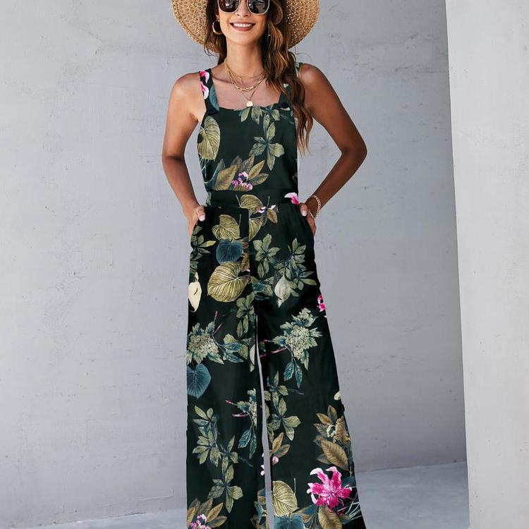 Square neck pattern women sleeveless jumpsuit