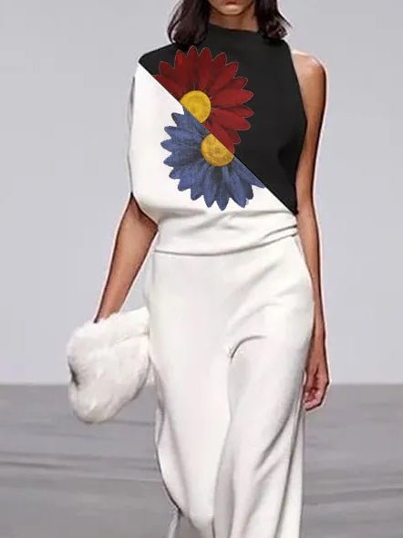 Women's Jumpsuits Sleeveless Turtleneck Printed Jumpsuit