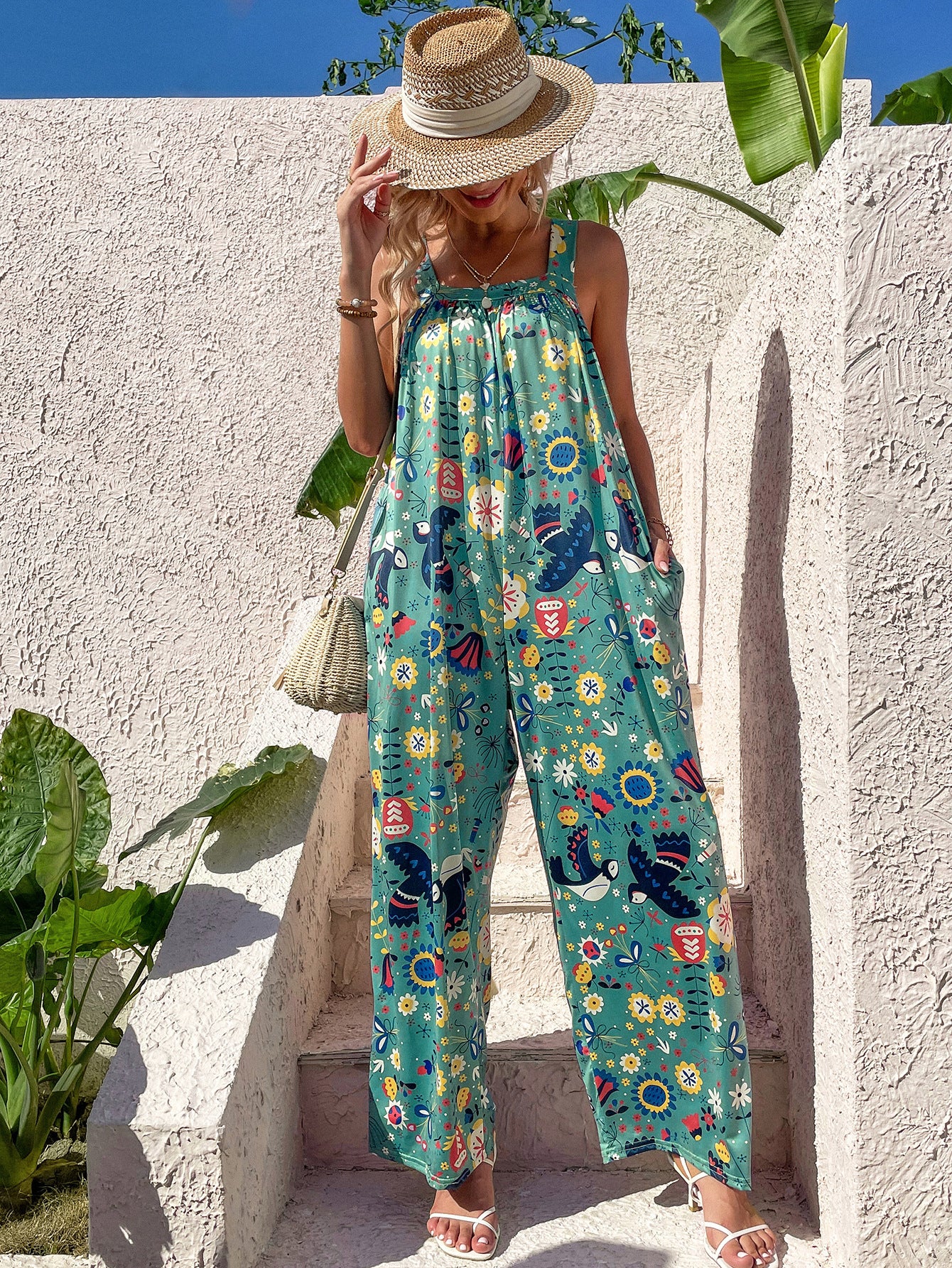 Green bird print casual halter wide leg jumpsuit