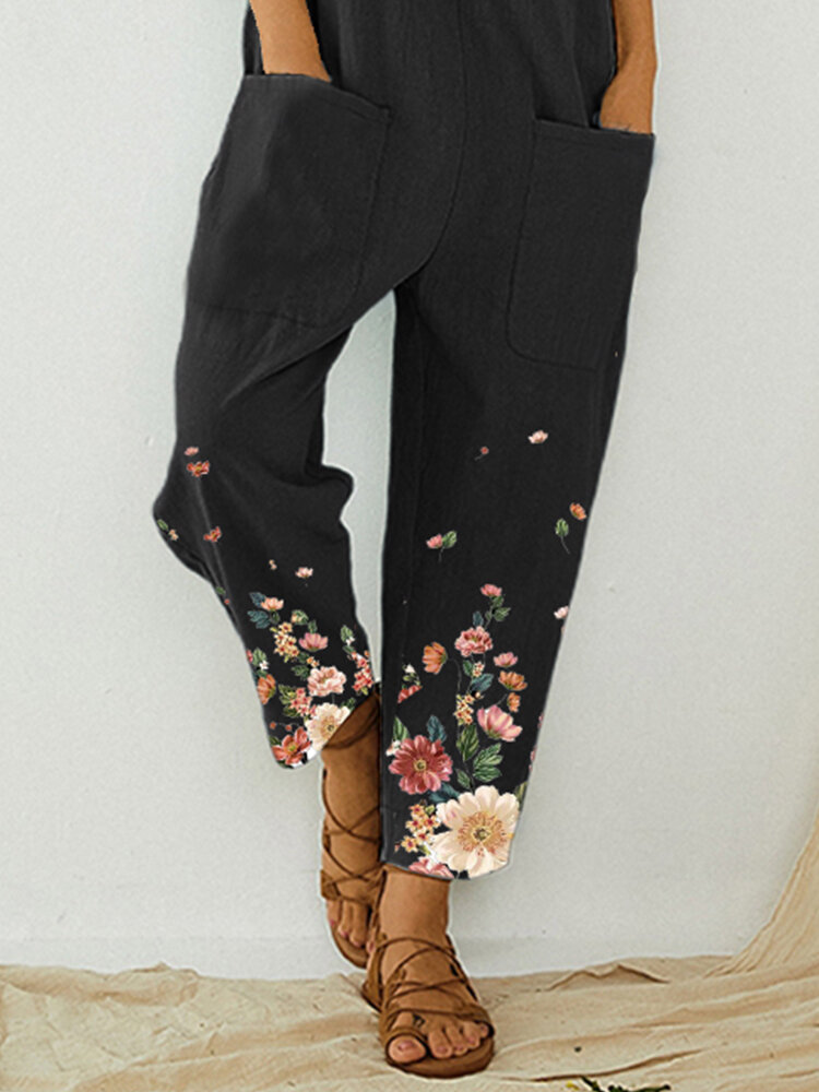 Vintage Floral Print Straps Casual Jumpsuit With Pockets For Women