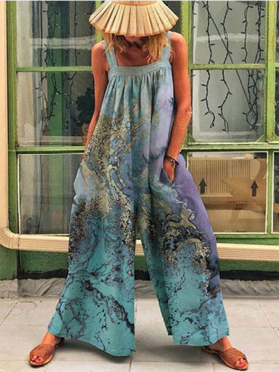 Casual loose beach wave print jumpsuit