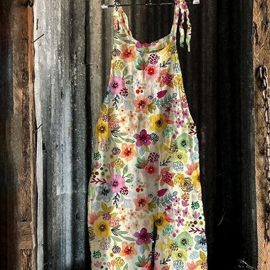 Ladies Casual Printed Cotton Linen Jumpsuit