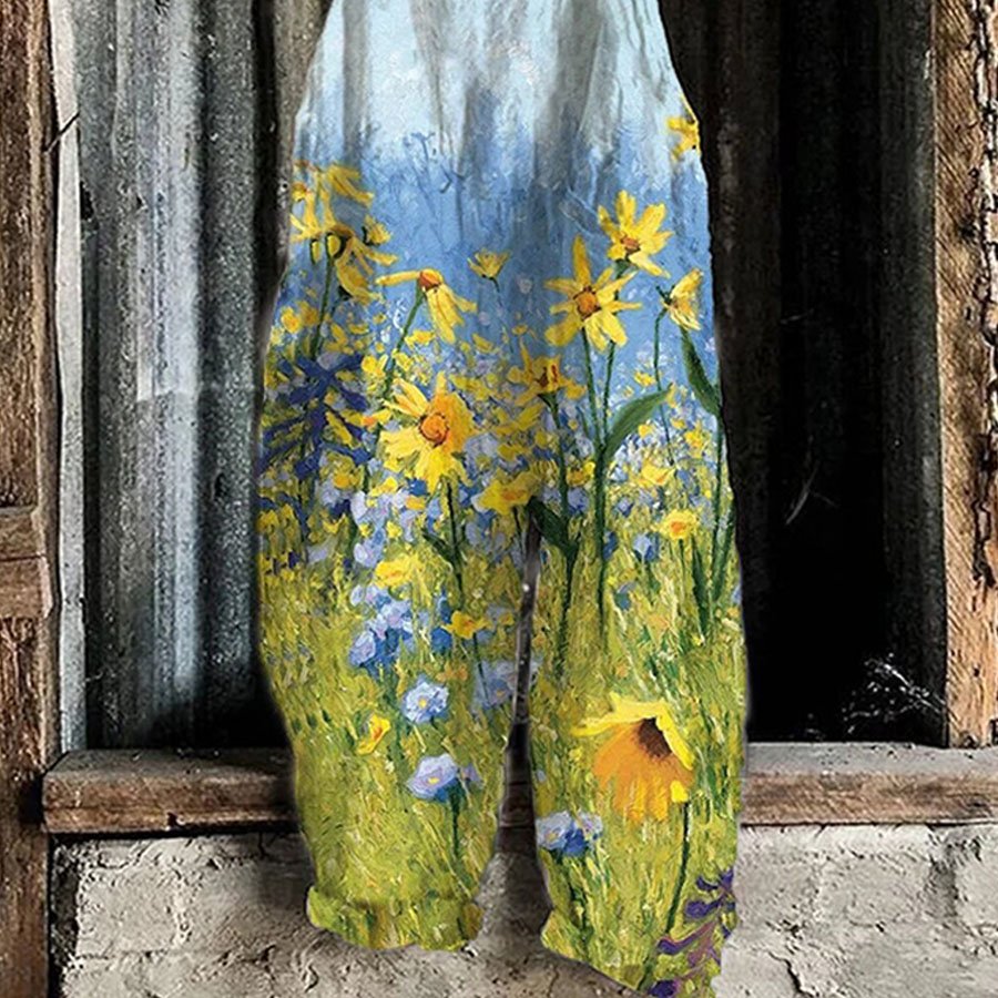 Ladies Casual Daisy Print Cotton Linen Jumpsuit