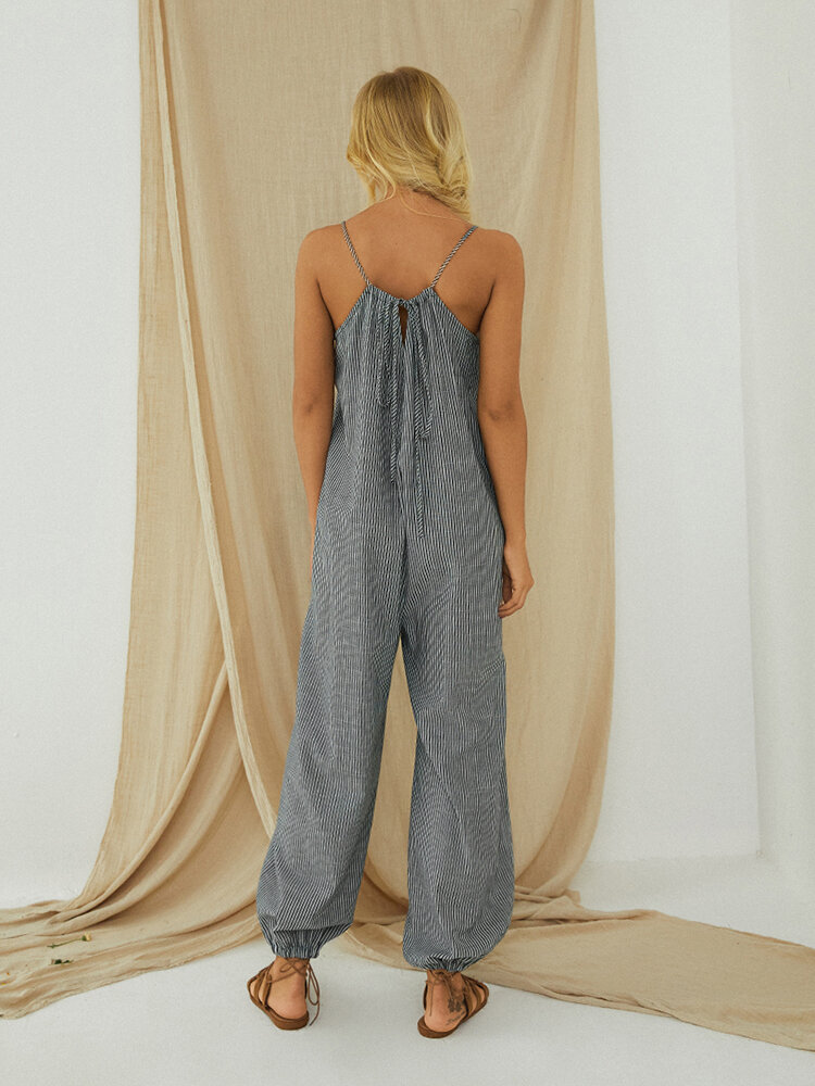 Striped Adjustable Shoulder Strap Loose Jumpsuit With Pocket
